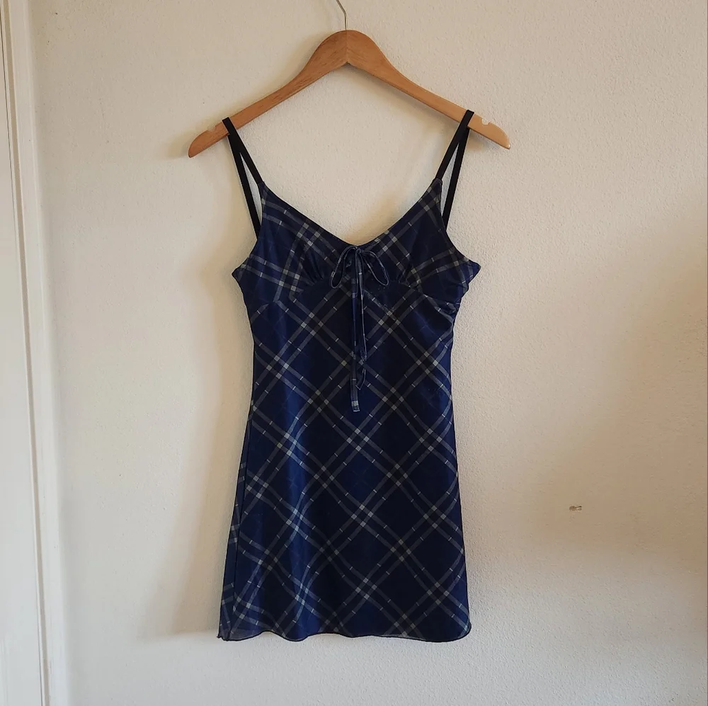 Navy blue and green gridded sleeveless mini dress with bow in the front - Picture 1 of 3